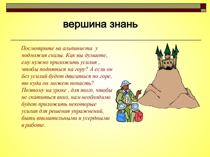 вершина знань Посмотрите на альпиниста у подножия скалы. Как вы думаете, ему