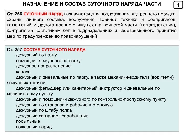 Ст. 256 СУТОЧНЫЙ НАРЯД назначается для поддержания внутреннего порядка, охраны личного состава,