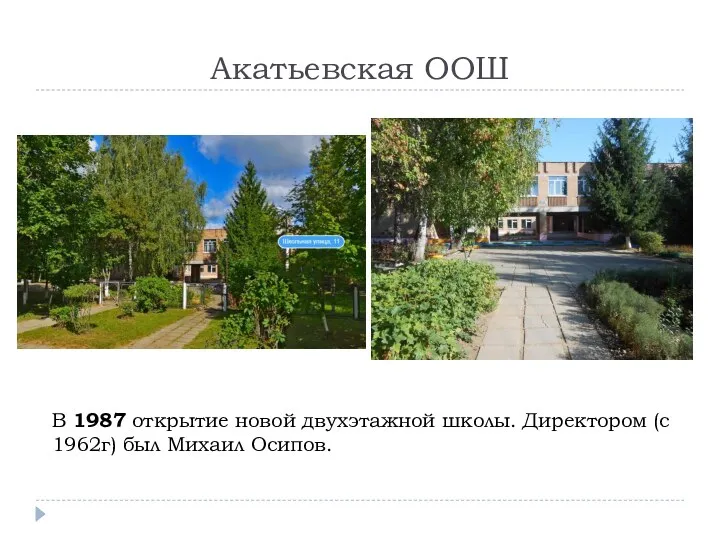 Акатьевская ООШ В 1987 открытие новой двухэтажной школы. Директором (с 1962г) был Михаил Осипов.