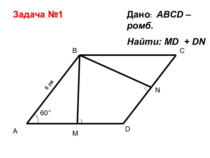 C M Дано: ABCD – ромб. Найти: МD + DN Задача №1