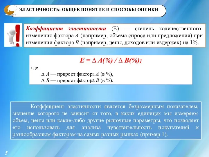 1 Коэффициент эластичности (Е) — степень количественного изменения фактора А (например, объема