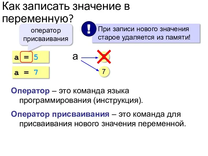 Как записать значение в переменную? a = 5 оператор присваивания 5 Оператор