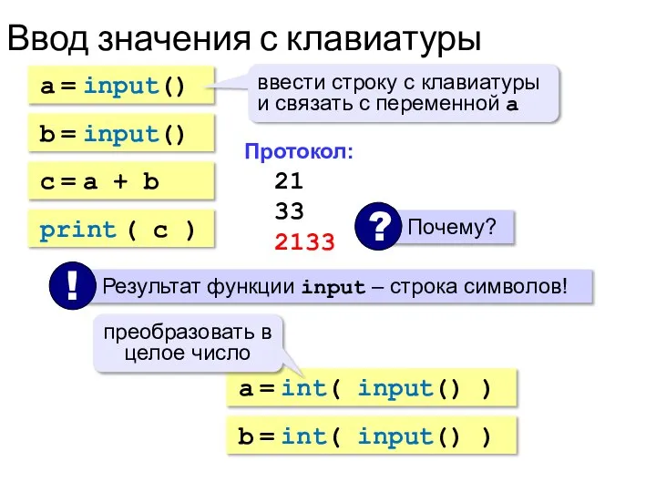 Ввод значения с клавиатуры a = input() ввести строку с клавиатуры и