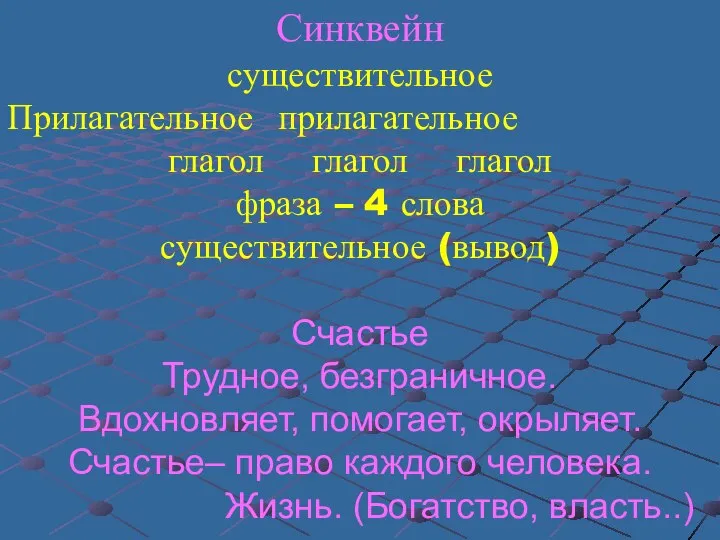 Синквейн существительное Прилагательное прилагательное глагол глагол глагол фраза – 4 слова существительное