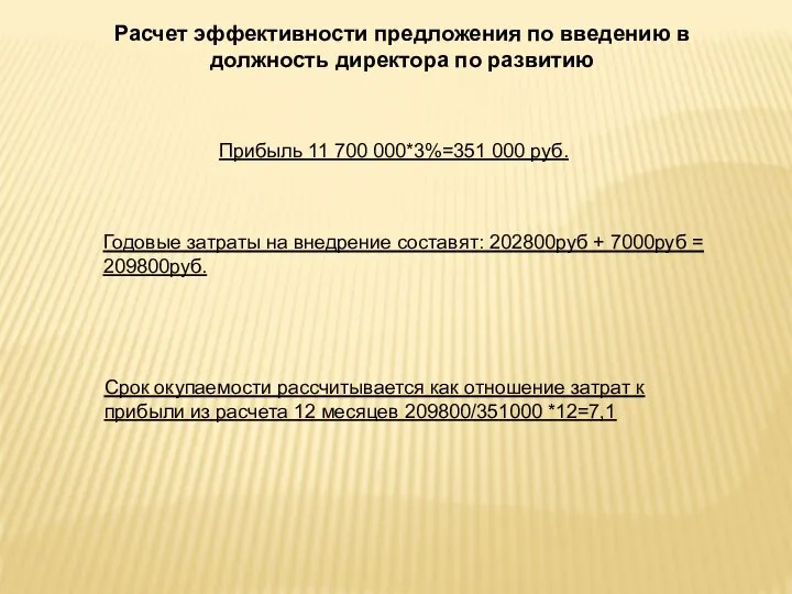 Расчет эффективности предложения по введению в должность директора по развитию Прибыль 11
