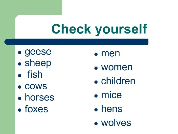 Check yourself geese sheep fish cows horses foxes men women children mice hens wolves