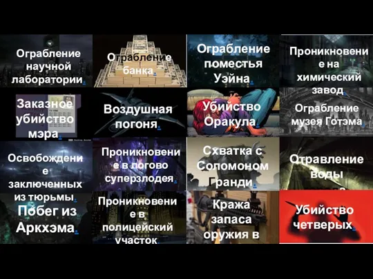 Ограбление научной лаборатории. Ограбление банка. Ограбление поместья Уэйна. Ограбление музея Готэма. Схватка