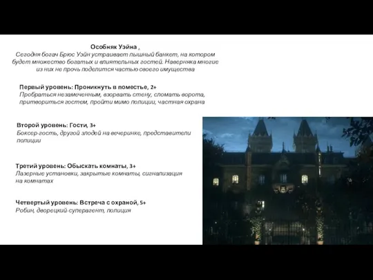 Особняк Уэйна . Сегодня богач Брюс Уэйн устраивает пышный банкет, на котором