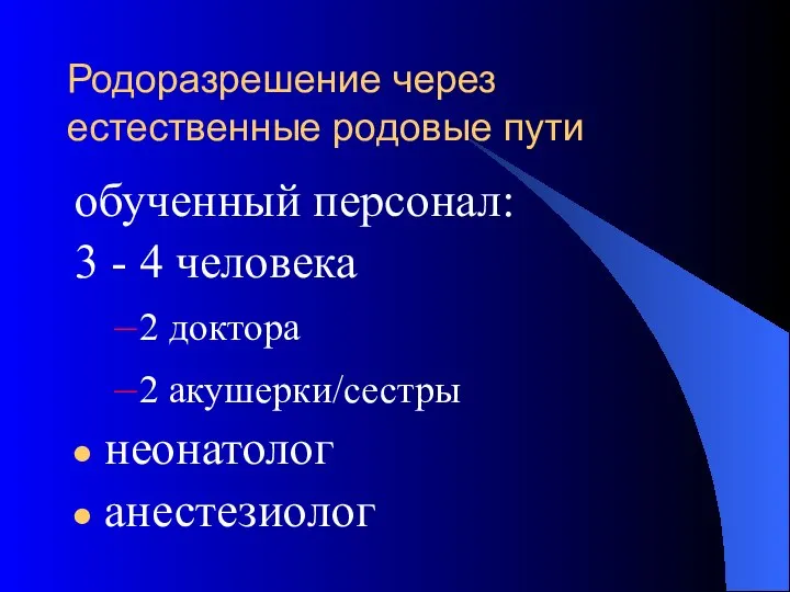 Родоразрешение через естественные родовые пути обученный персонал: 3 - 4 человека 2