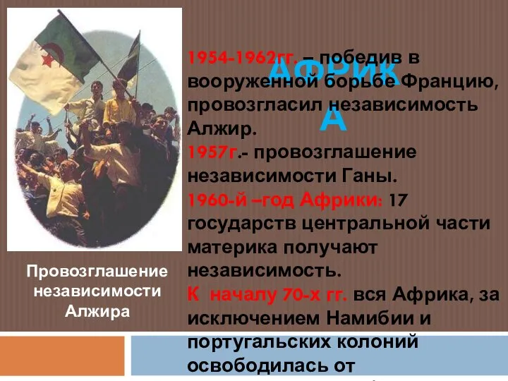 Провозглашение независимости Алжира АФРИКА 1954-1962гг. – победив в вооруженной борьбе Францию, провозгласил