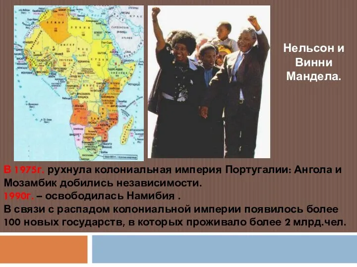 В 1975г. рухнула колониальная империя Португалии: Ангола и Мозамбик добились независимости. 1990г.