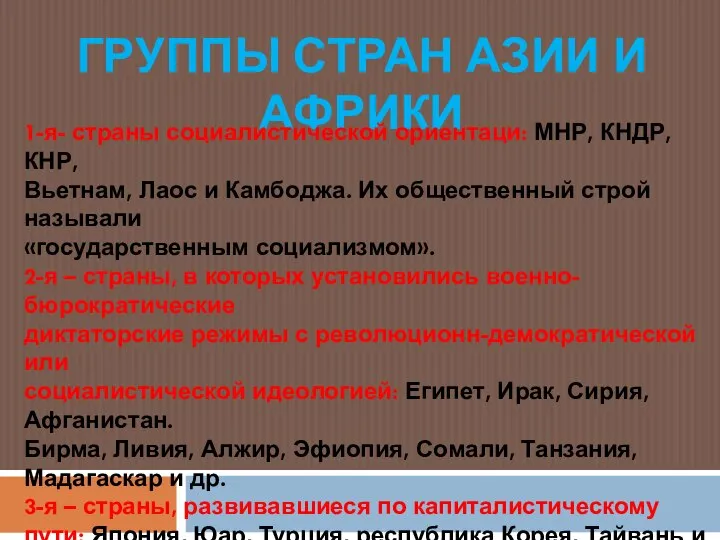 ГРУППЫ СТРАН АЗИИ И АФРИКИ 1-я- страны социалистической ориентаци: МНР, КНДР, КНР,