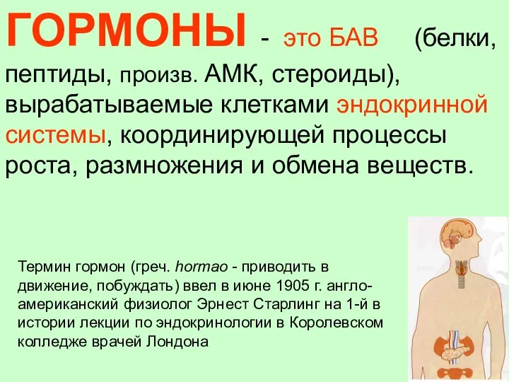 ГОРМОНЫ - это БАВ (белки, пептиды, произв. АМК, стероиды), вырабатываемые клетками эндокринной