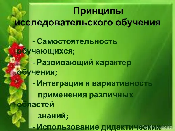 Принципы исследовательского обучения - Самостоятельность обучающихся; - Развивающий характер обучения; - Интеграция