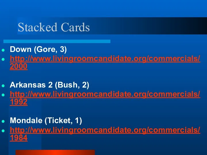 Stacked Cards Down (Gore, 3) http://www.livingroomcandidate.org/commercials/2000 Arkansas 2 (Bush, 2) http://www.livingroomcandidate.org/commercials/1992 Mondale (Ticket, 1) http://www.livingroomcandidate.org/commercials/1984