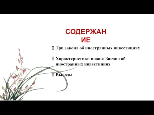 СОДЕРЖАНИЕ Три закона об иностранных инвестициях Характеристики нового Закона об иностранных инвестициях Выводы