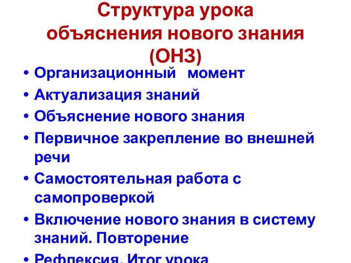 Структура урока объяснения нового знания (ОНЗ) Организационный момент Актуализация знаний Объяснение нового