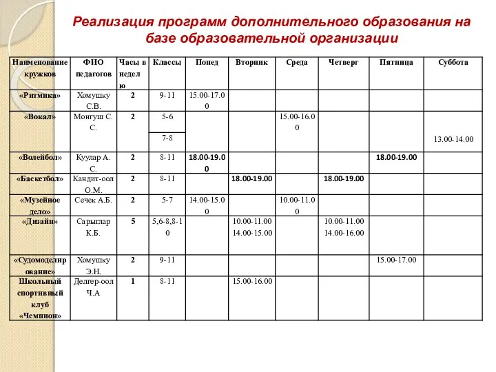 Реализация программ дополнительного образования на базе образовательной организации