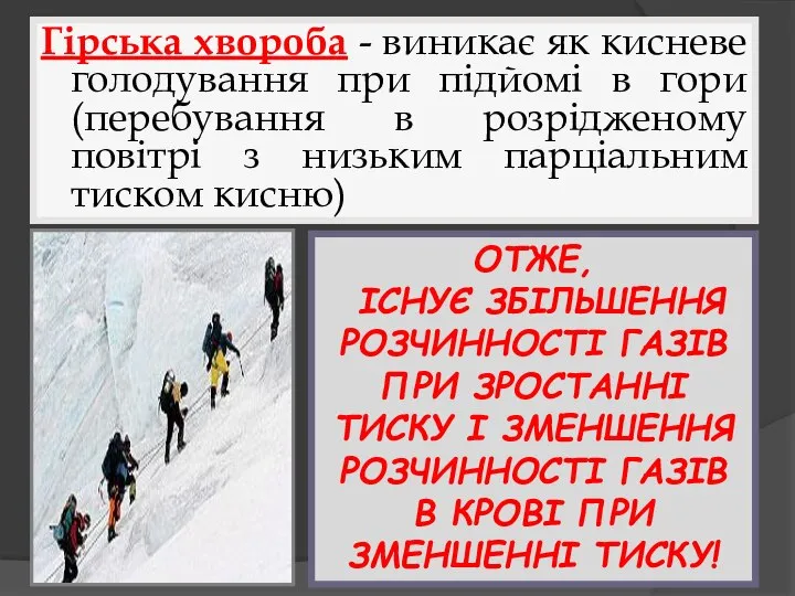 Гірська хвороба - виникає як кисневе голодування при підйомі в гори (перебування