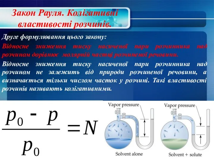 Закон Рауля. Колігативні властивості розчинів. Друге формулювання цього закону: Відносне зниження тиску