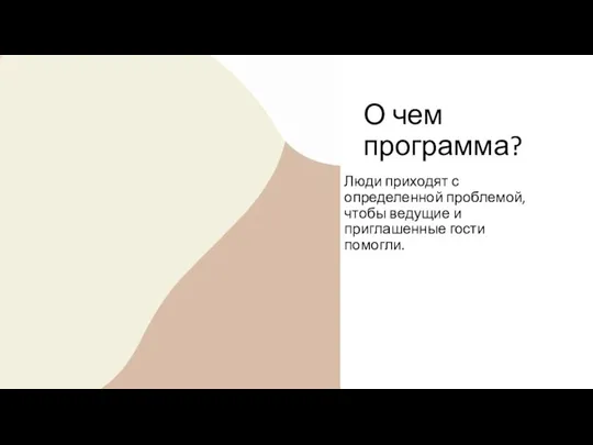 О чем программа? Люди приходят с определенной проблемой, чтобы ведущие и приглашенные гости помогли.