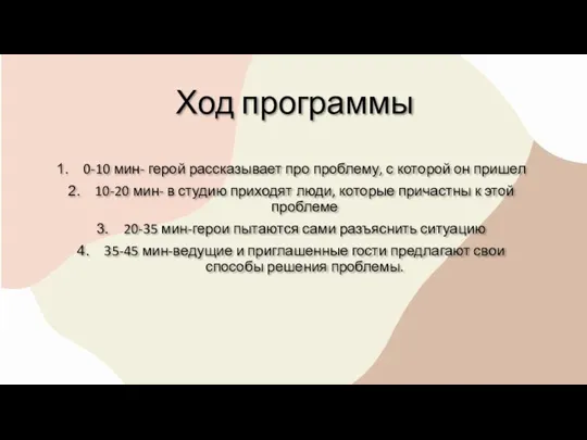 Ход программы 0-10 мин- герой рассказывает про проблему, с которой он пришел