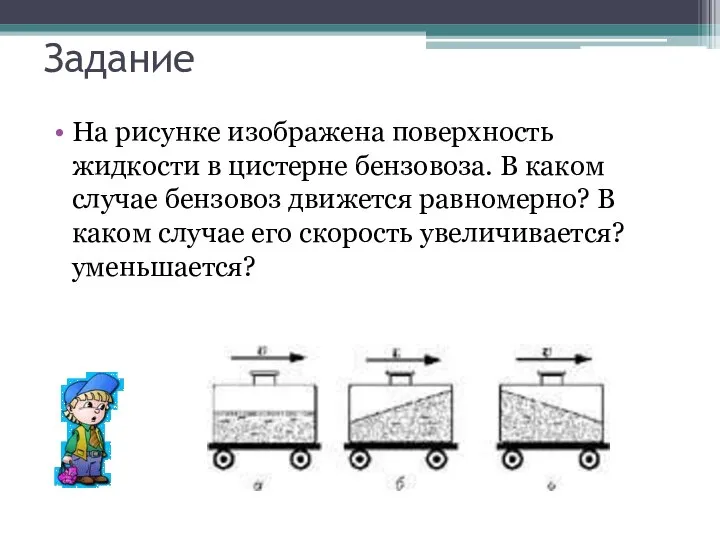 Задание На рисунке изображена поверхность жидкости в цистерне бензовоза. В каком случае