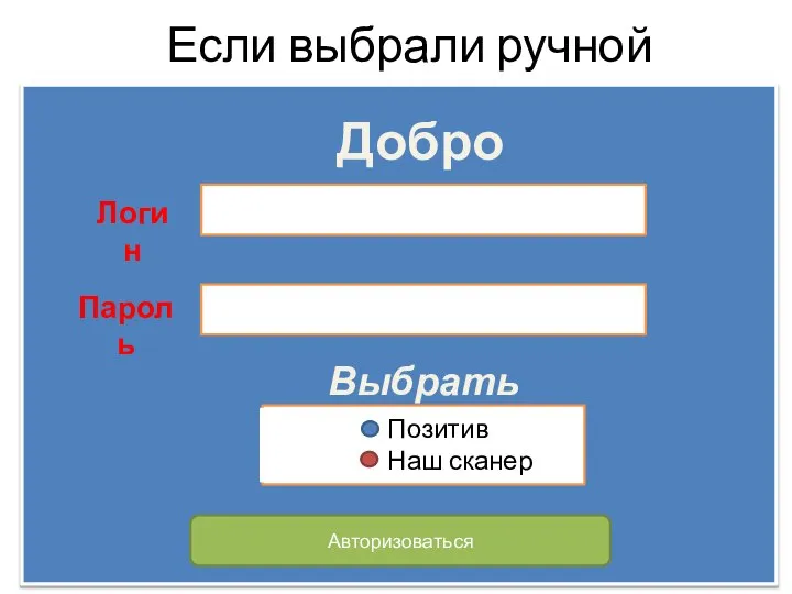 Если выбрали ручной Добро пожаловать Логин Пароль Выбрать сканер Позитив Наш сканер Авторизоваться