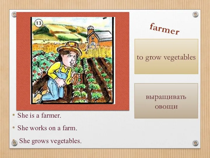 She is a farmer. She works on a farm. She grows vegetables.