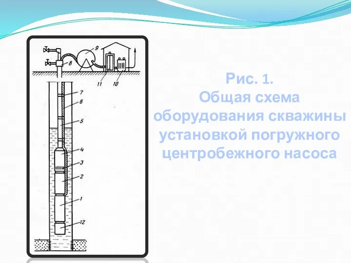 Рис. 1. Общая схема оборудования скважины установкой погружного центробежного насоса