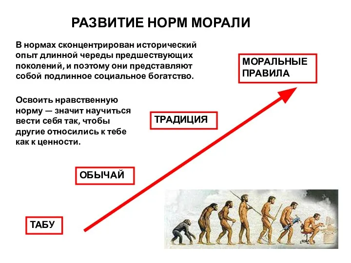 РАЗВИТИЕ НОРМ МОРАЛИ ТАБУ ОБЫЧАЙ ТРАДИЦИЯ МОРАЛЬНЫЕ ПРАВИЛА В нормах сконцентрирован исторический