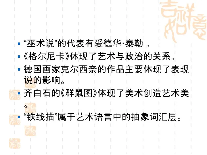 “巫术说”的代表有爱德华·泰勒 。 《格尔尼卡》体现了艺术与政治的关系。 德国画家克尔西奈的作品主要体现了表现说的影响。 齐白石的《群鼠图》体现了美术创造艺术美 。 “铁线描”属于艺术语言中的抽象词汇层。