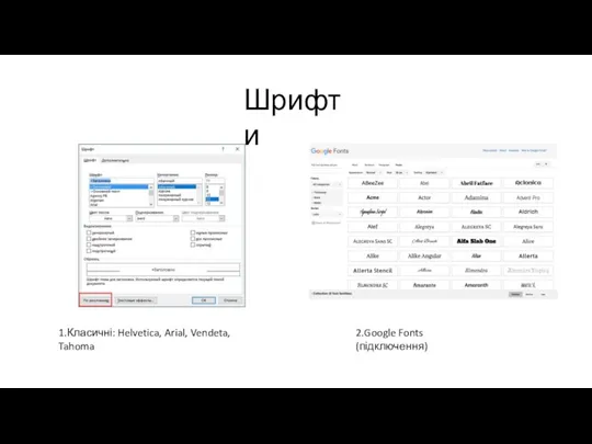 Шрифти 1.Класичні: Helvetica, Arial, Vendeta, Tahoma 2.Google Fonts (підключення)