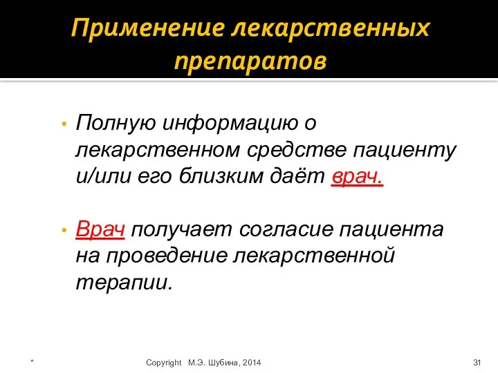 Применение лекарственных препаратов Полную информацию о лекарственном средстве пациенту и/или его близким