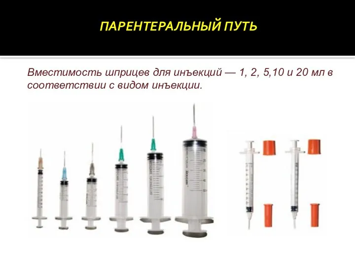 ПАРЕНТЕРАЛЬНЫЙ ПУТЬ Вместимость шприцев для инъекций — 1, 2, 5,10 и 20