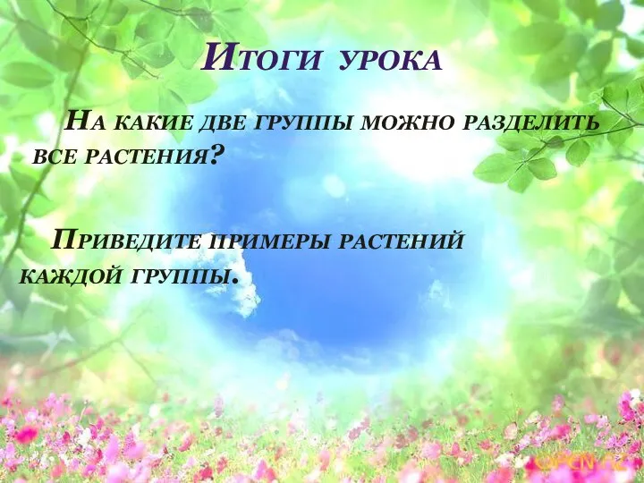 Итоги урока На какие две группы можно разделить все растения? Приведите примеры растений каждой группы.