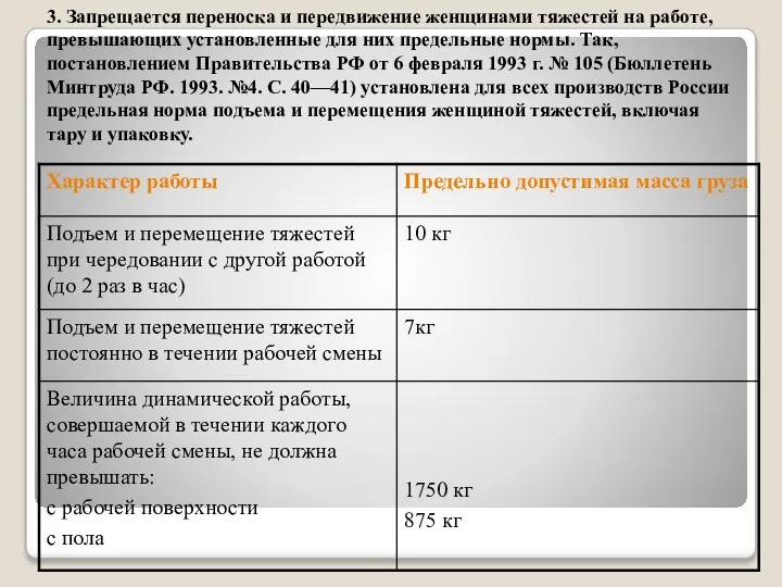 3. Запрещается переноска и передвижение женщинами тяжестей на работе, превышающих установленные для