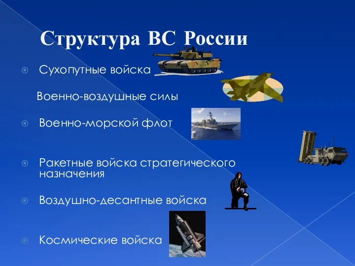 Структура ВС России Сухопутные войска Военно-воздушные силы Военно-морской флот Ракетные войска стратегического
