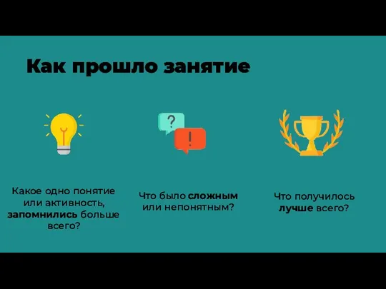 Как прошло занятие Какое одно понятие или активность, запомнились больше всего? Что