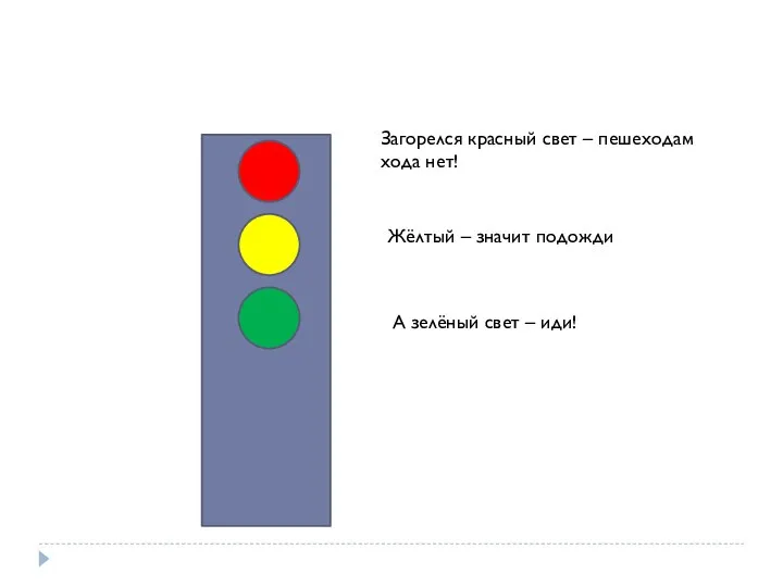 Загорелся красный свет – пешеходам хода нет! Жёлтый – значит подожди А зелёный свет – иди!