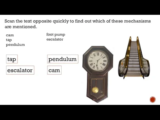 tap escalator cam pendulum Scan the text opposite quickly to find out