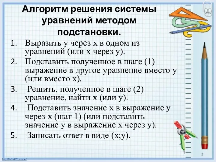 Алгоритм решения системы уравнений методом подстановки. Выразить у через х в одном