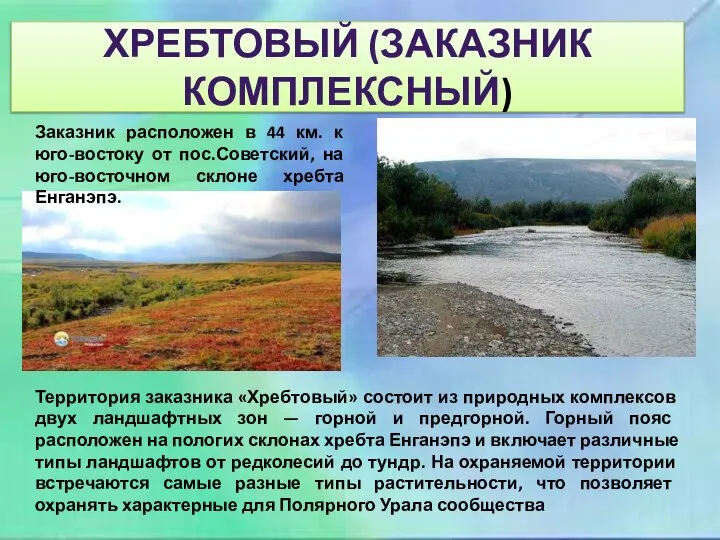 ХРЕБТОВЫЙ (ЗАКАЗНИК КОМПЛЕКСНЫЙ) Заказник расположен в 44 км. к юго-востоку от пос.Советский,