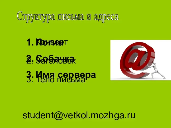 student@vetkol.mozhga.ru Структура письма и адреса Конверт Заголовок Тело письма Логин Собачка Имя сервера