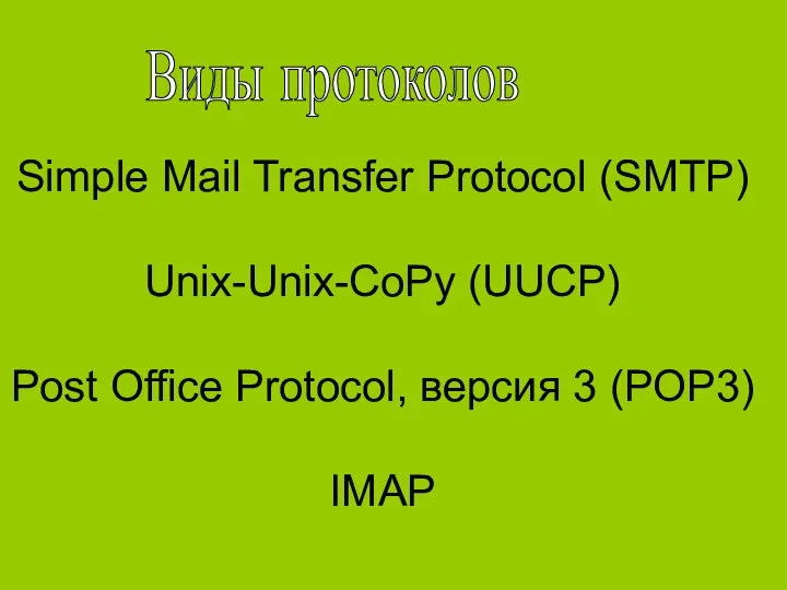 Simple Mail Transfer Protocol (SMTP) Unix-Unix-CoPy (UUCP) Post Office Protocol, версия 3 (РОР3) IMAP Виды протоколов