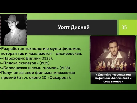 Уолт Дисней У.Дисней с персонажами м/фильма «Белоснежка и семь гномов» Разработал технологию