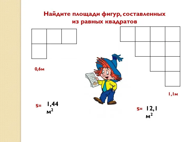 Найдите площади фигур, составленных из равных квадратов 0,6м S= S= 1,1м 1,44м2 12,1м2