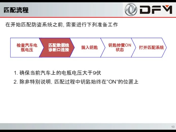 在开始匹配防盗系统之前, 需要进行下列准备工作 匹配流程 1. 确保当前汽车上的电瓶电压大于９伏 2. 除非特别说明，匹配过程中钥匙始终在“ON”的位置上