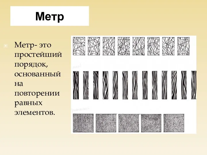 Метр Метр- это простейший порядок, основанный на повторении равных элементов.