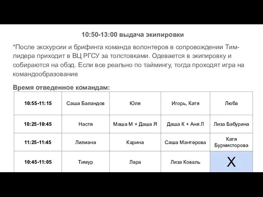 10:50-13:00 выдача экипировки *После экскурсии и брифинга команда волонтеров в сопровождении Тим-лидера